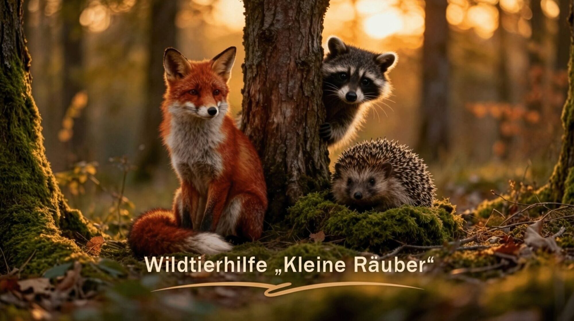 Ein Fuchs, Waschbär und Igel im Wald